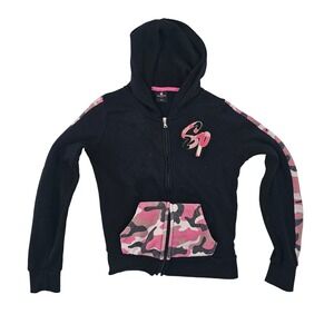 Southpole Junior Full Zip Hoodie Black Pink Camo SP Logo Glitter Small
